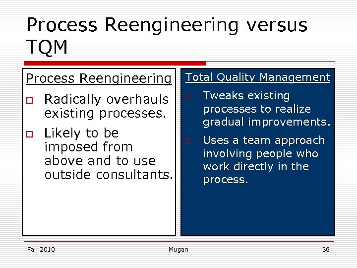 Process Reengineering versus TQM Process Reengineering o o Radically overhauls existing processes. Likely to