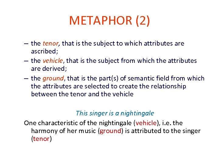 METAPHOR (2) – the tenor, that is the subject to which attributes are ascribed;