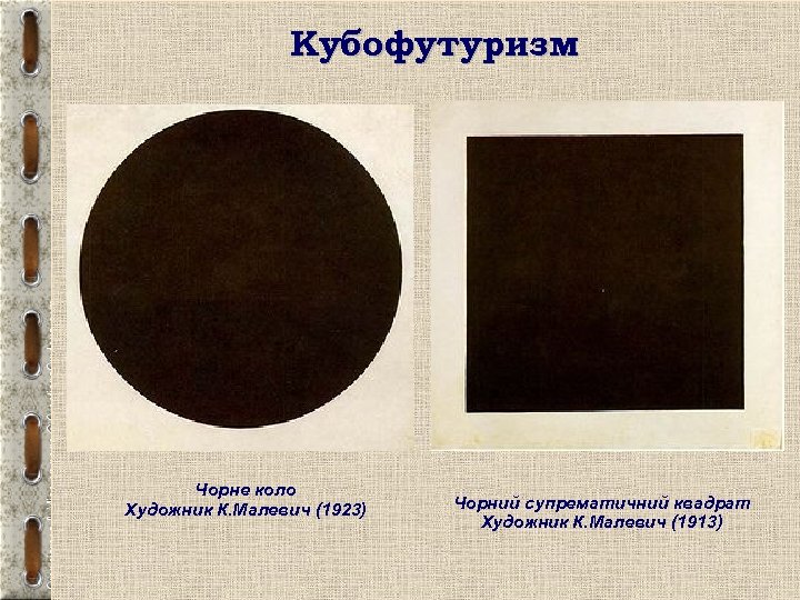 Кубофутуризм Чорне коло Художник К. Малевич (1923) Чорний супрематичний квадрат Художник К. Малевич (1913)