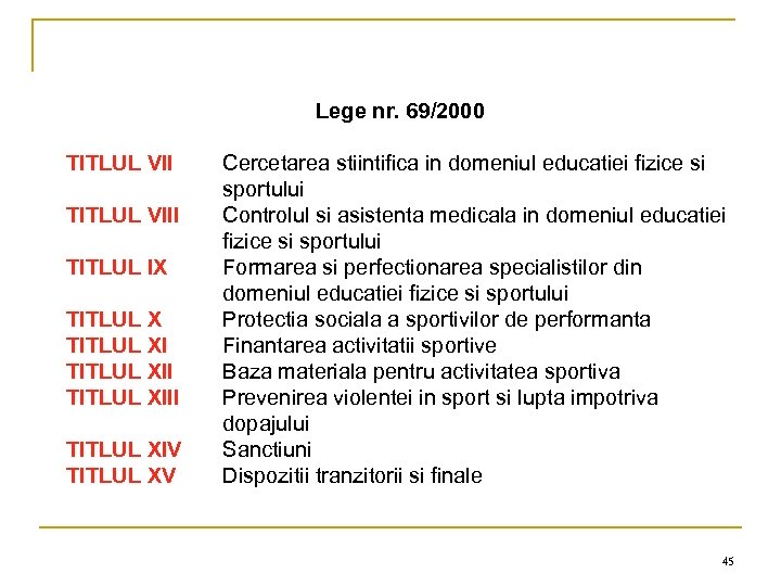 Lege nr. 69/2000 TITLUL VIII TITLUL IX TITLUL XIII TITLUL XIV TITLUL XV Cercetarea