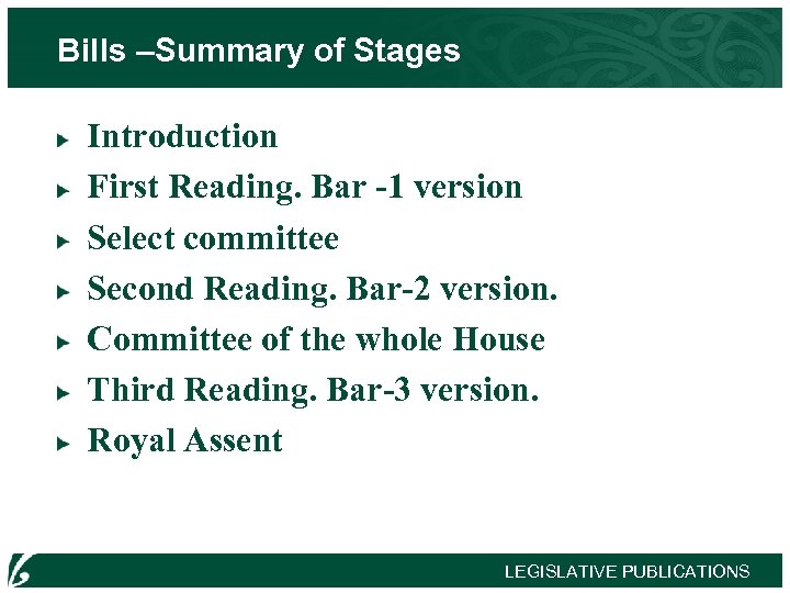 Bills –Summary of Stages Introduction First Reading. Bar -1 version Select committee Second Reading.