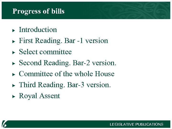 Progress of bills Introduction First Reading. Bar -1 version Select committee Second Reading. Bar-2
