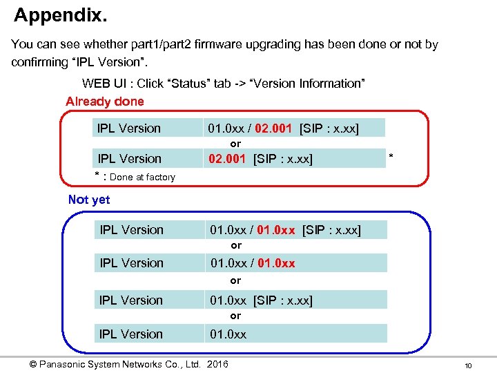 Appendix. You can see whether part 1/part 2 firmware upgrading has been done or