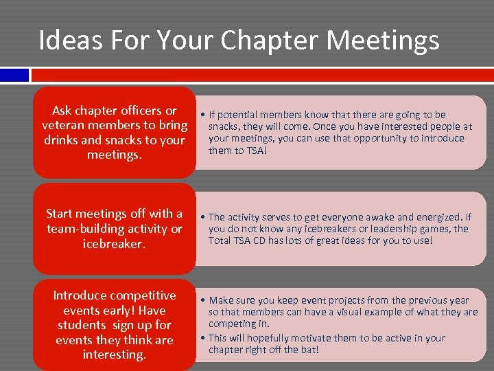 Ideas For Your Chapter Meetings Ask chapter officers or • If potential members know