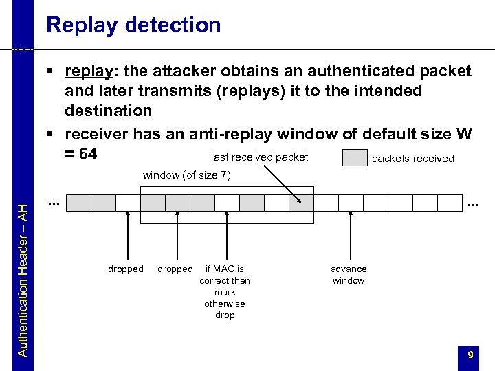 Replay detection § replay: the attacker obtains an authenticated packet and later transmits (replays)