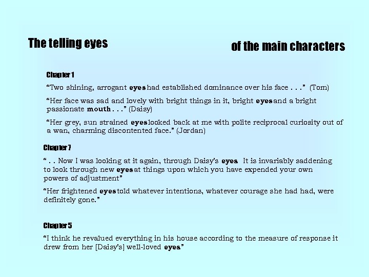 The telling eyes of the main characters Chapter 1 “Two shining, arrogant eyes had