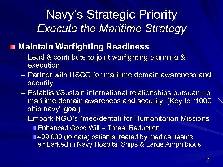 Navy’s Strategic Priority Execute the Maritime Strategy Maintain Warfighting Readiness – Lead & contribute