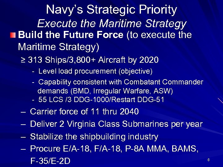 Navy’s Strategic Priority Execute the Maritime Strategy Build the Future Force (to execute the