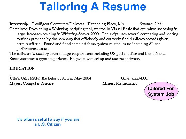 Tailoring A Resume Internship – Intelligent Computers Universal, Happening Place, MA Summer 2003 Completed