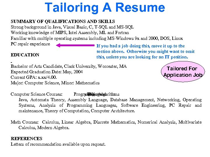 Tailoring A Resume SUMMARY OF QUALIFICATIONS AND SKILLS Strong background in Java, Visual Basic,