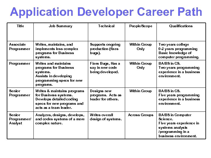 Application Developer Career Path Title Job Summary Technical People/Scope Qualifications Associate Programmer Writes, maintains,