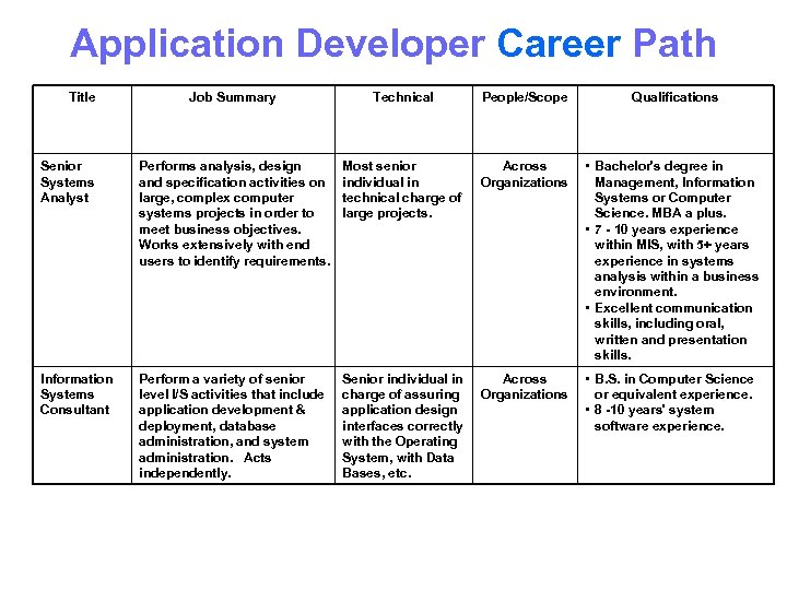 Application Developer Career Path Title Job Summary Technical People/Scope Qualifications Senior Systems Analyst Performs