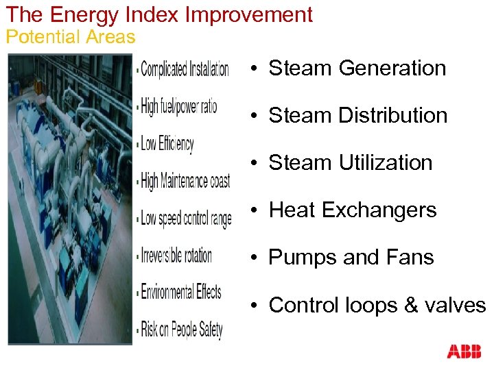 The Energy Index Improvement Potential Areas • Steam Generation • Steam Distribution • Steam