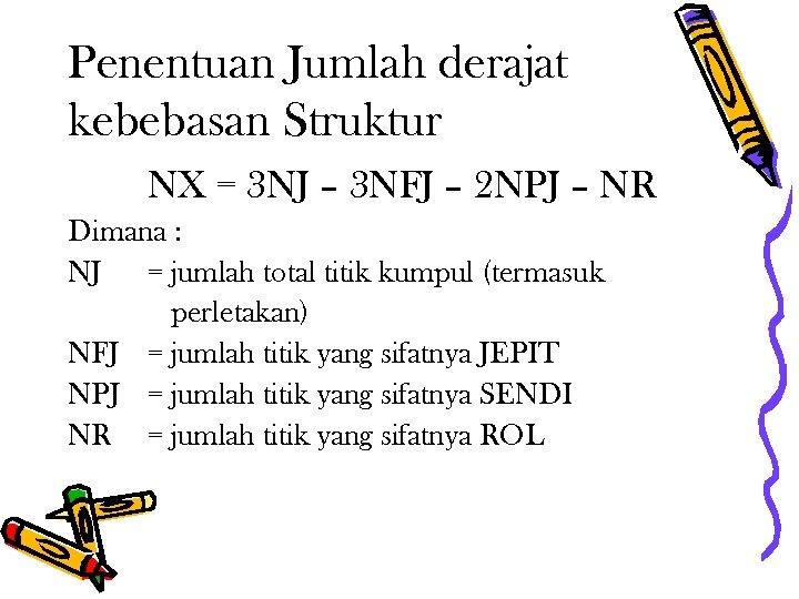 Penentuan Jumlah derajat kebebasan Struktur NX = 3 NJ – 3 NFJ – 2