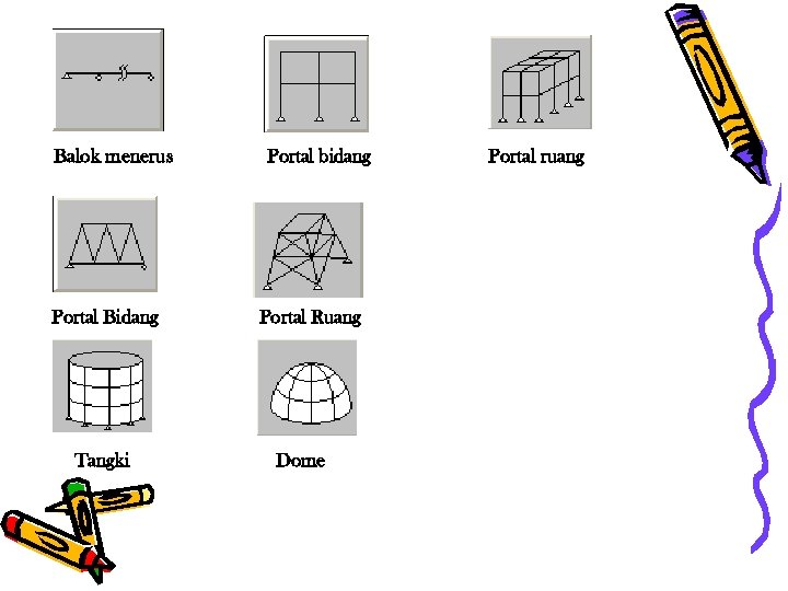Balok menerus Portal Bidang Tangki Portal bidang Portal Ruang Dome Portal ruang 