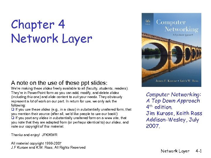 Chapter 4 Network Layer A note on the use of these ppt slides: We’re