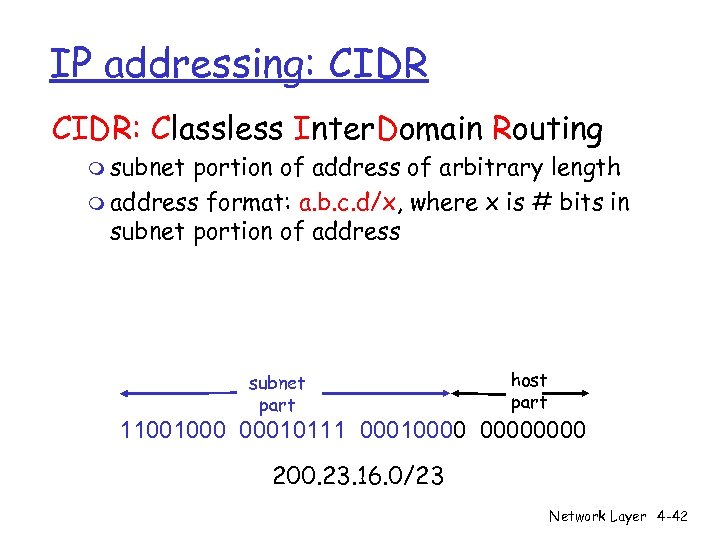 IP addressing: CIDR: Classless Inter. Domain Routing m subnet portion of address of arbitrary