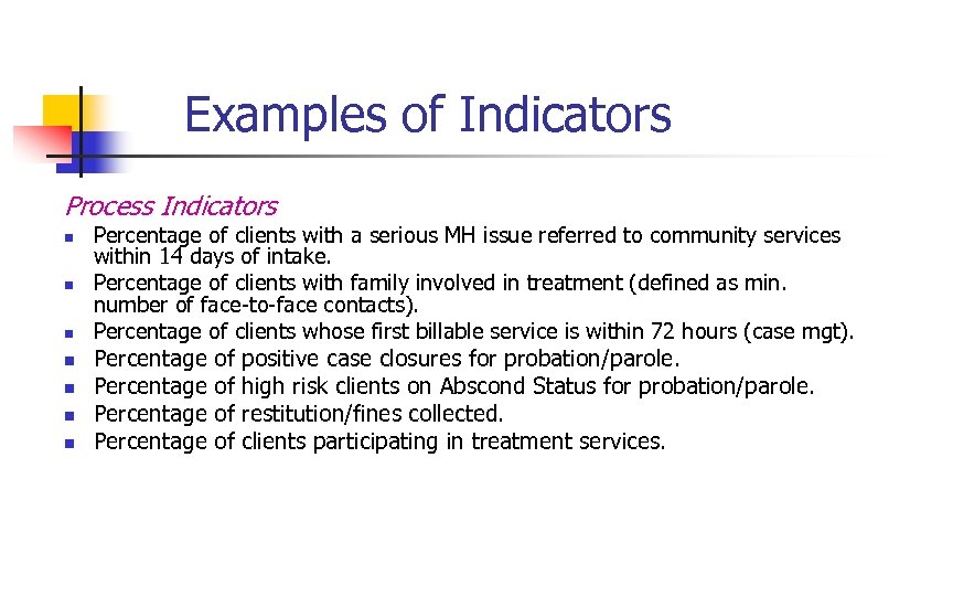 Examples of Indicators Process Indicators n n n n Percentage of clients with a