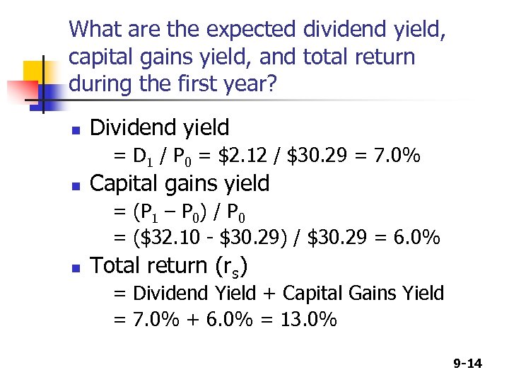 What are the expected dividend yield, capital gains yield, and total return during the