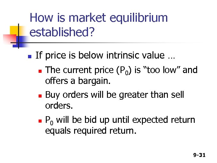 How is market equilibrium established? n If price is below intrinsic value … n