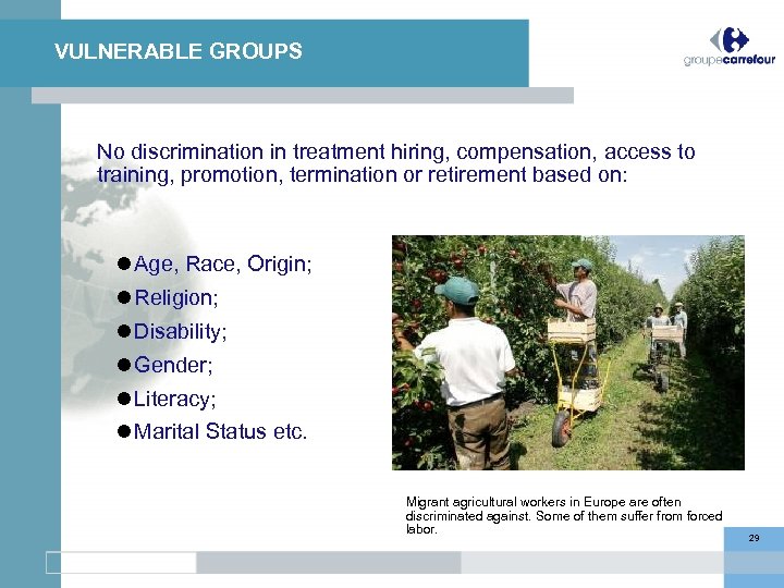 VULNERABLE GROUPS No discrimination in treatment hiring, compensation, access to training, promotion, termination or