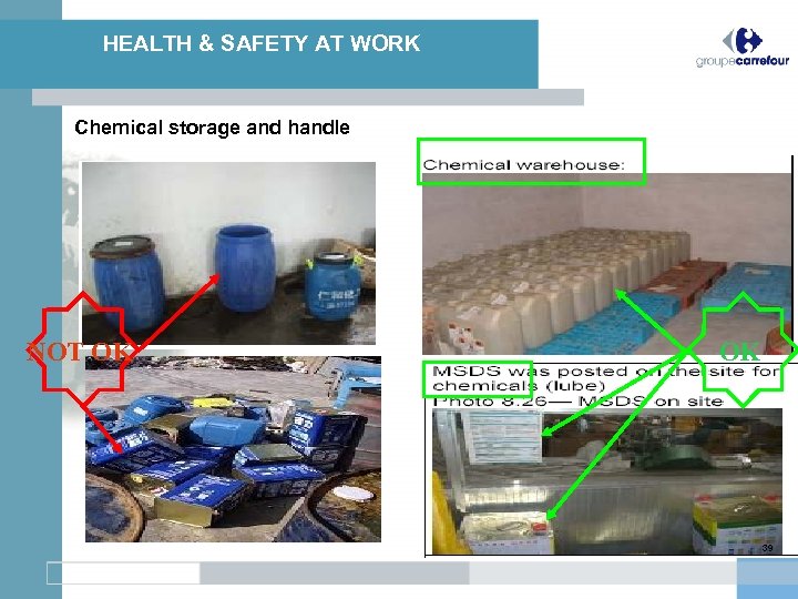 HEALTH & SAFETY AT WORK Chemical storage and handle NOT OK OK 39 