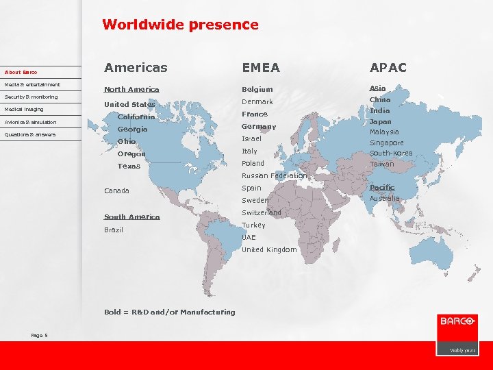 Worldwide presence EMEA APAC North America Belgium Asia United States Denmark China California France