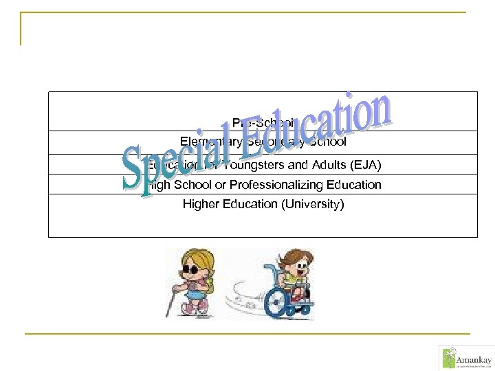Pre-School Elementary/Secondary School Education for Youngsters and Adults (EJA) High School or Professionalizing Education