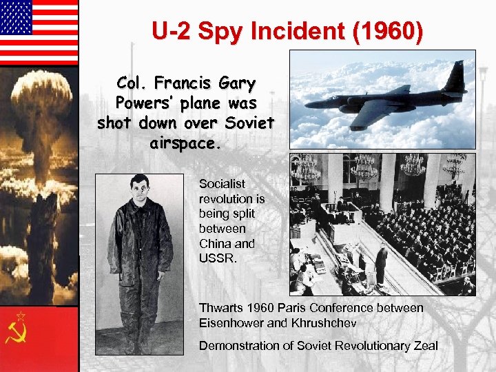 U-2 Spy Incident (1960) Col. Francis Gary Powers’ plane was shot down over Soviet