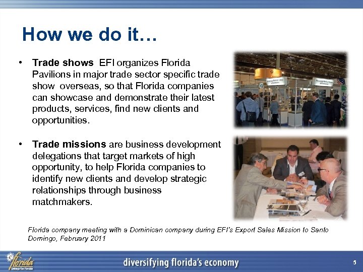 How we do it… • Trade shows EFI organizes Florida Pavilions in major trade