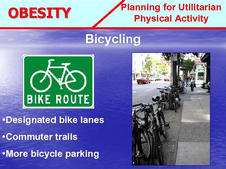 Planning for Utilitarian Physical Activity OBESITY Bicycling • Designated bike lanes • Commuter trails