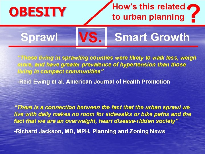 How’s this related to urban planning OBESITY Sprawl VS. ? Smart Growth “Those living