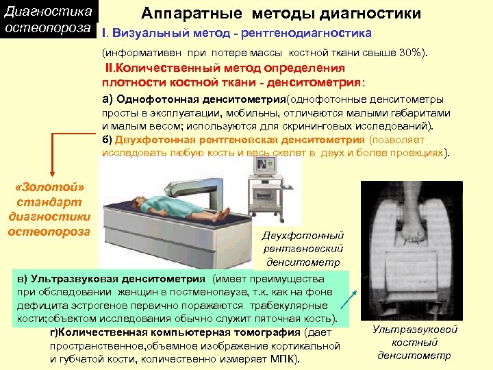 Диагностика Аппаратные методы диагностики остеопороза I. Визуальный метод - рентгенодиагностика (информативен при потере массы