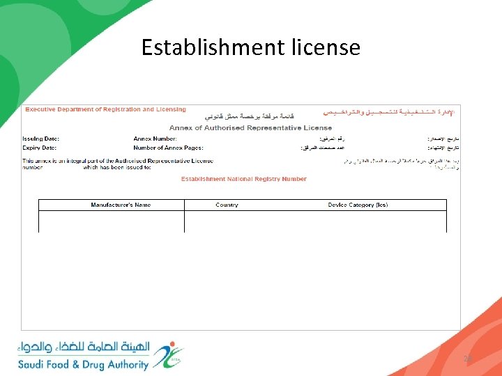Establishment license Only an authorised representative holding a valid establishment license, issued by the