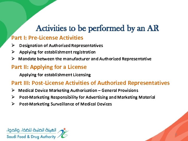 Activities to be performed by an AR Part I: Pre-License Activities Ø Designation of