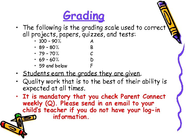 Grading • The following is the grading scale used to correct all projects, papers,