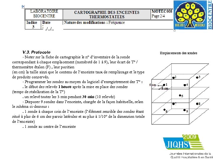 . /. . V. 3. Protocole Emplacements des sondes - Noter sur la fiche