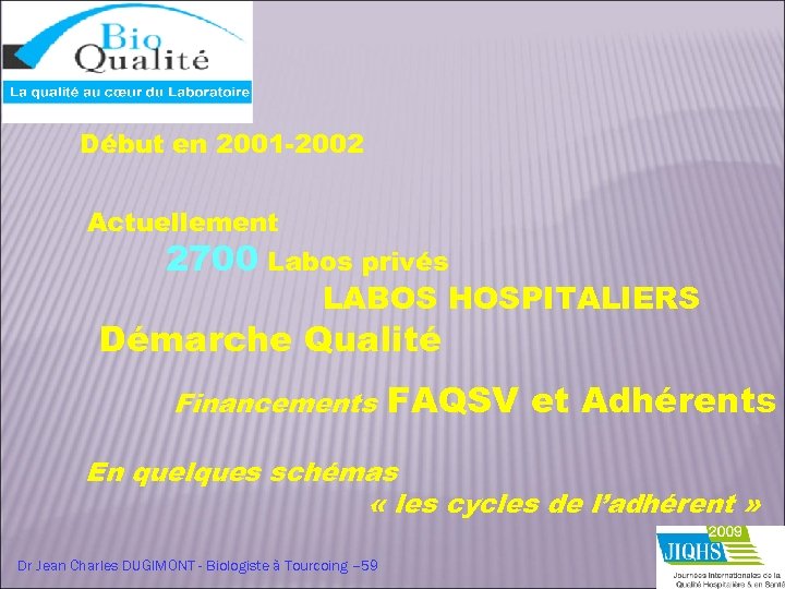Début en 2001 -2002 Actuellement 2700 Labos privés LABOS HOSPITALIERS Démarche Qualité Financements FAQSV