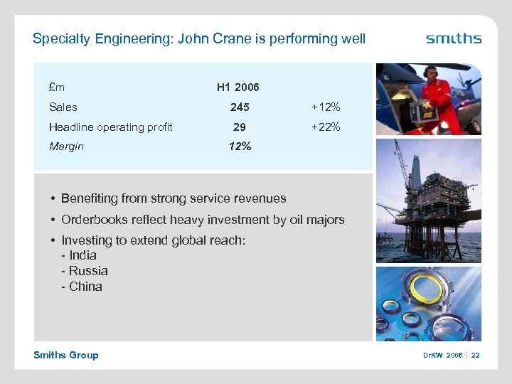 Specialty Engineering: John Crane is performing well £m H 1 2006 Sales 245 +12%