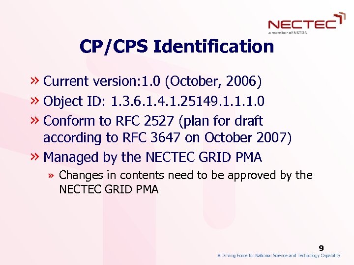 CP/CPS Identification » Current version: 1. 0 (October, 2006) » Object ID: 1. 3.