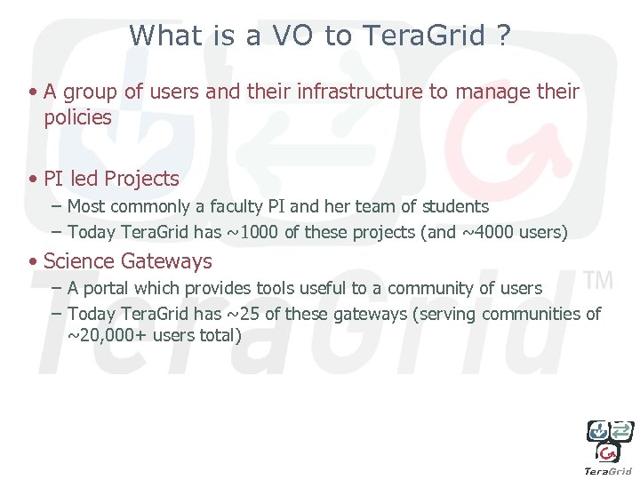 What is a VO to Tera. Grid ? • A group of users and