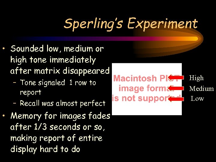 Sperling’s Experiment • Sounded low, medium or high tone immediately after matrix disappeared –