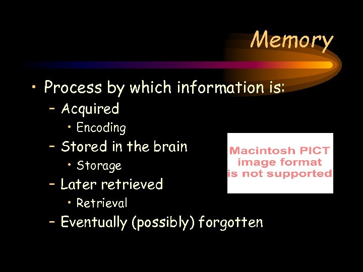 Memory • Process by which information is: – Acquired • Encoding – Stored in