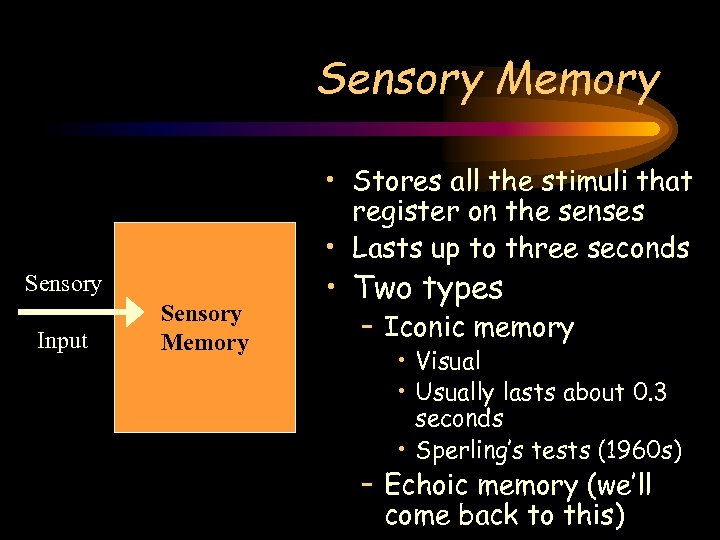 Sensory Memory • Stores all the stimuli that register on the senses • Lasts