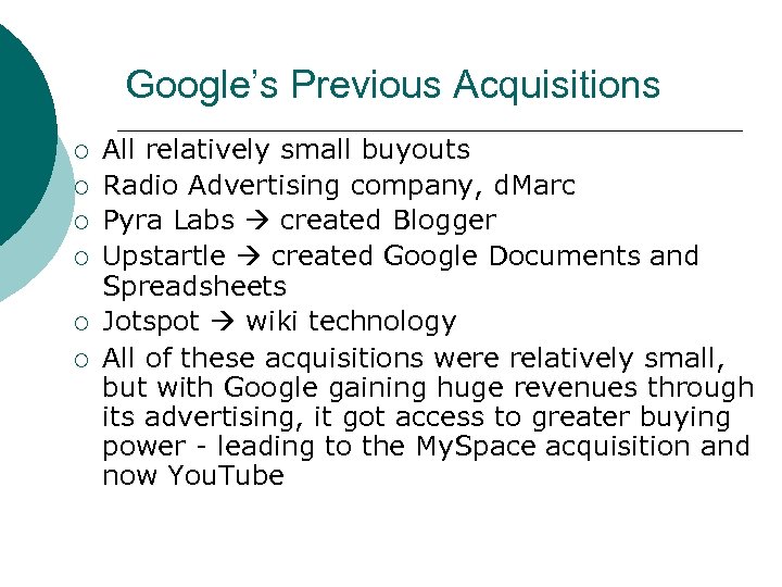 Google’s Previous Acquisitions ¡ ¡ ¡ All relatively small buyouts Radio Advertising company, d.