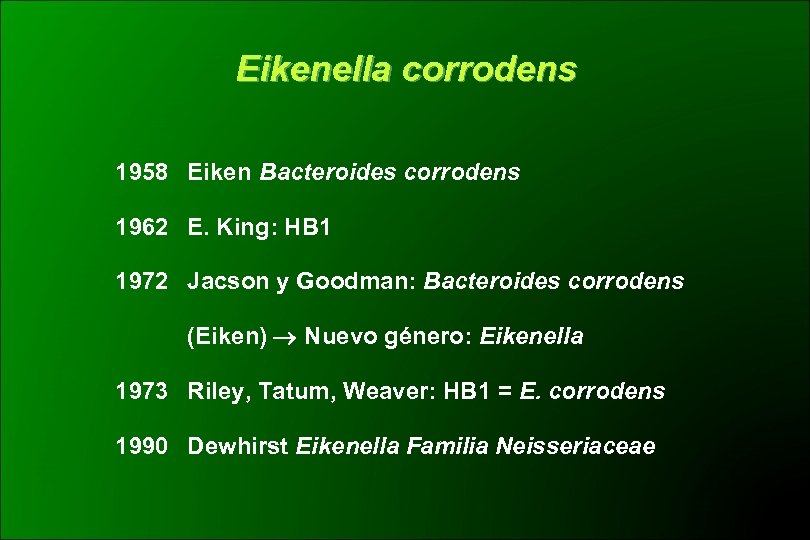 Eikenella corrodens 1958 Eiken Bacteroides corrodens 1962 E. King: HB 1 1972 Jacson y