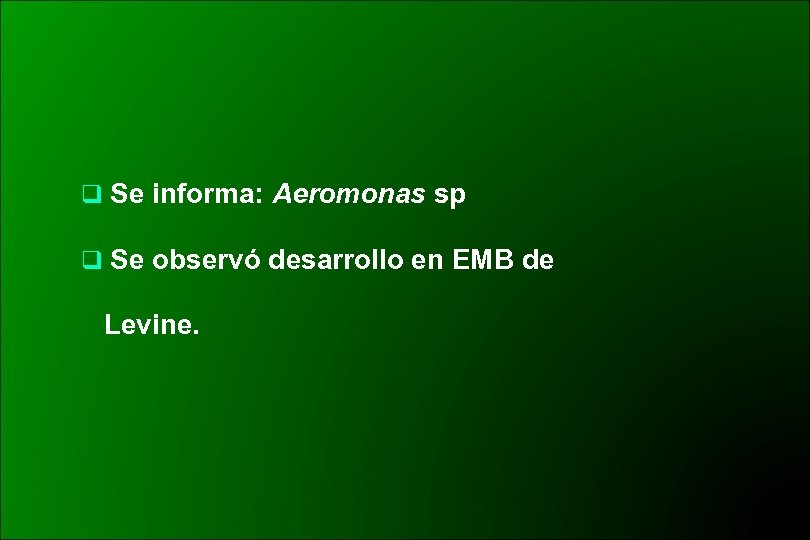 q Se informa: Aeromonas sp q Se observó desarrollo en EMB de Levine. 