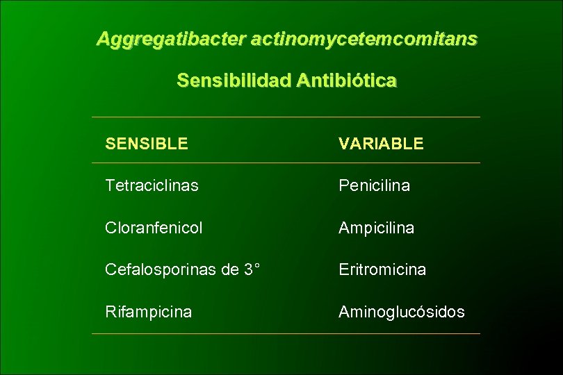 Aggregatibacter actinomycetemcomitans Sensibilidad Antibiótica SENSIBLE VARIABLE Tetraciclinas Penicilina Cloranfenicol Ampicilina Cefalosporinas de 3° Eritromicina