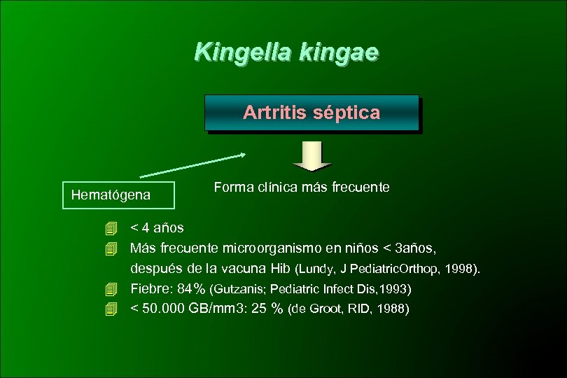 Kingella kingae Artritis séptica Hematógena Forma clínica más frecuente < 4 años Más frecuente
