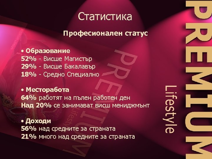 Статистика Професионален статус • Образование 52% - Висше Магистър 29% - Висше Бакалавър 18%